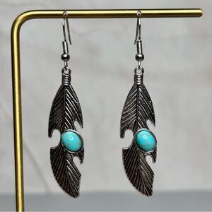 Silver Tone Feather Earrings with Turquoise Stone Accents
